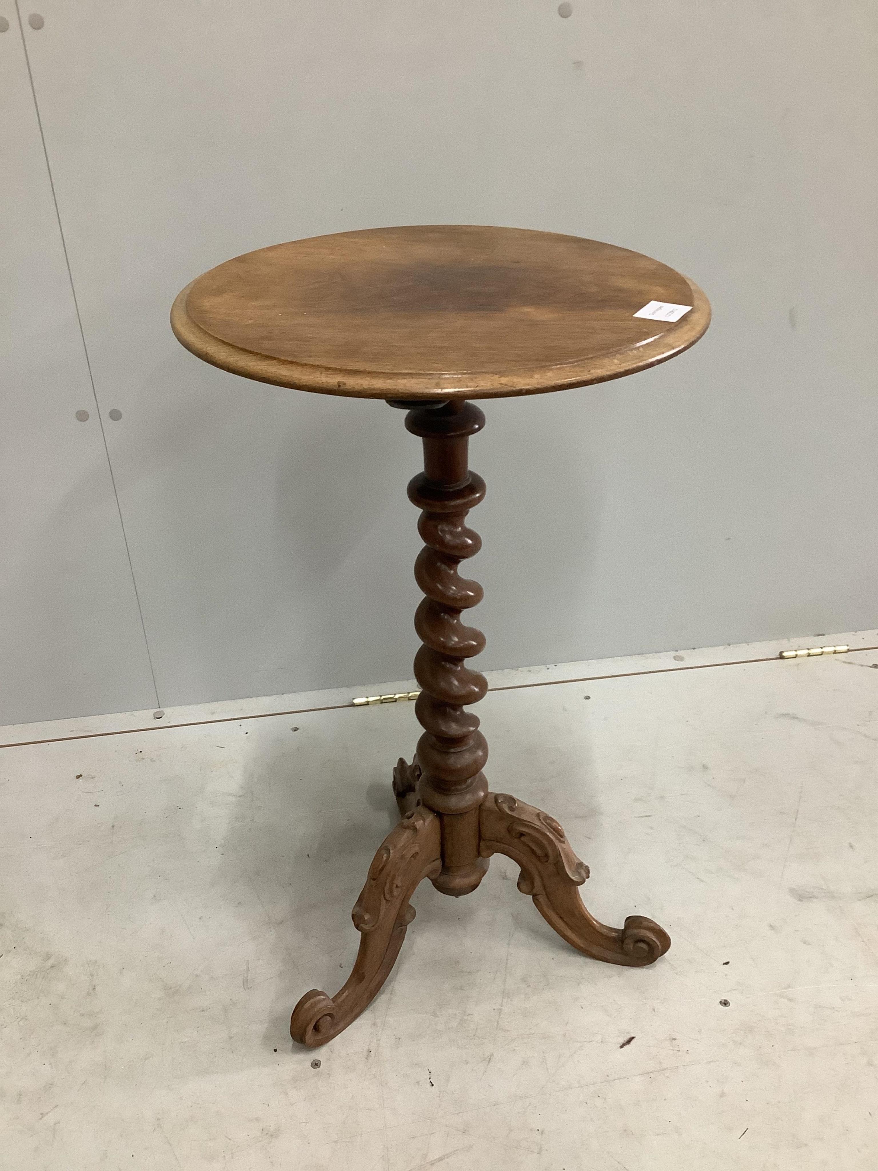 A Victorian circular rosewood tripod wine table on twist column, diameter 40cm, height 74cm